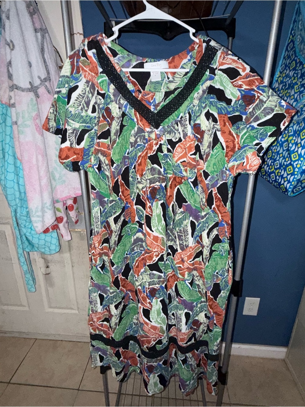 Coral Bay Leaf-Print V-Neck Midi Dress in Green, Orange, Purple, Black